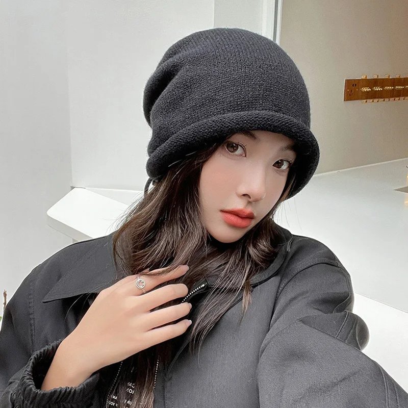 Autumn Winter Women Knitted Baggy Beanie Hat Drawstring Slouchy Wool Pullover Cap Outdoor Windproof Skullies Beanies Bonnet Caps