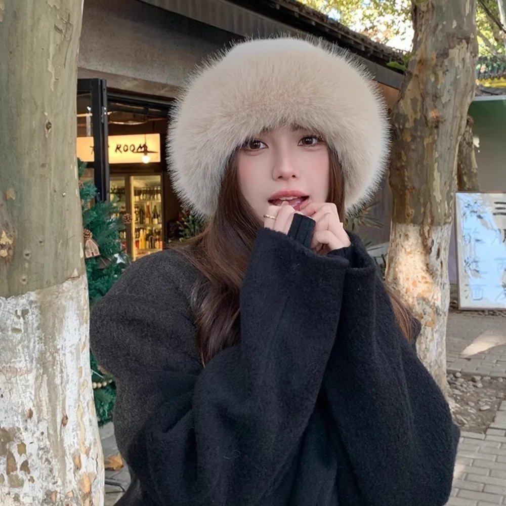 Winter Thick Warm Furry Beanies Hat Women Fashion Imitation Mink Fur Russian Cap Solid Color Plush Brimless Cap Brimless Ski Hat