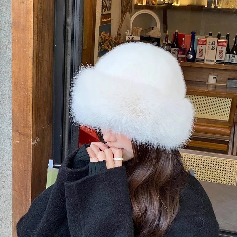 Winter Thick Warm Furry Beanies Hat Women Fashion Imitation Mink Fur Russian Cap Solid Color Plush Brimless Cap Brimless Ski Hat