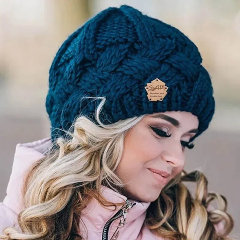 Solid Knitted Beanies Caps for Women Warm Cashmere Wool Skullies Beanies Female Thick Knitted Hats Autumn Winter Warm Cap