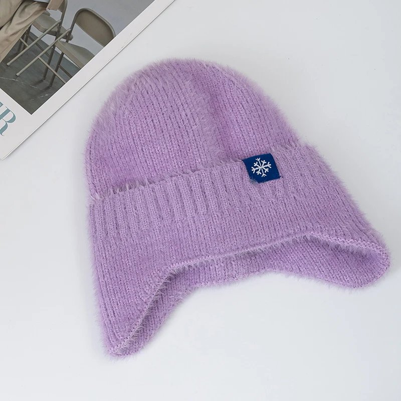 Hot Sale Women Earflap Winter Hat Candy Colors Fashion Faux Fur Knitted Hat Kpop Style Soft Beanie Hats Female Streetwear Cap