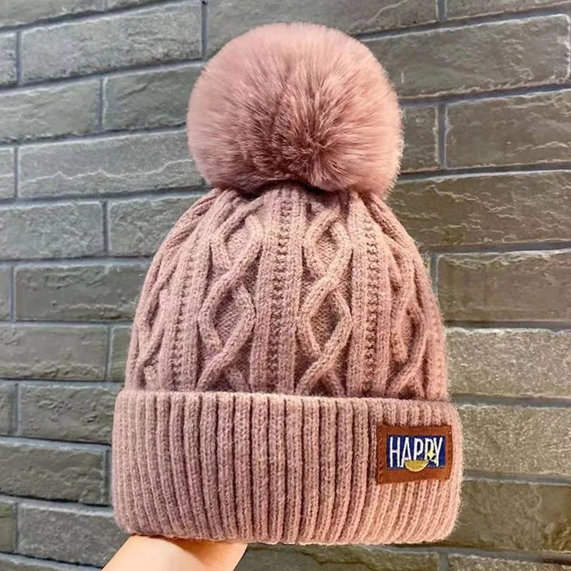 Winter Warm Fashion Beanies Knitted Hats For Women Girls Faux Fur Ball Wool Skullies Caps Embroidery Cold-Proof Fleece Lined Hat