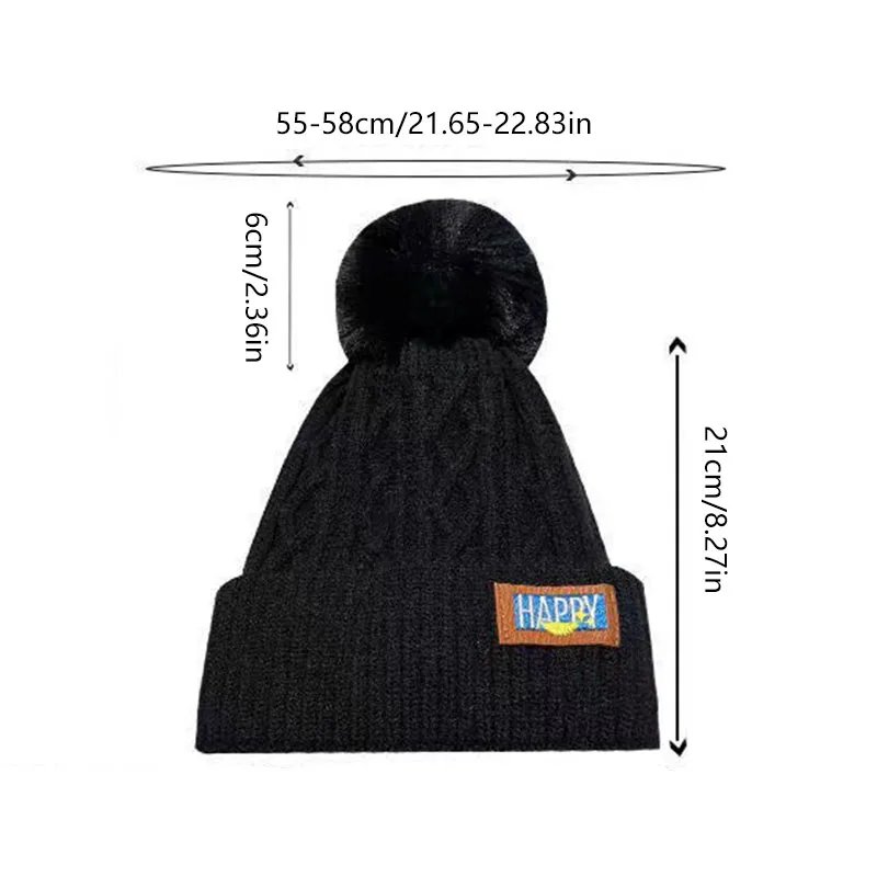 Winter Warm Fashion Beanies Knitted Hats For Women Girls Faux Fur Ball Wool Skullies Caps Embroidery Cold-Proof Fleece Lined Hat