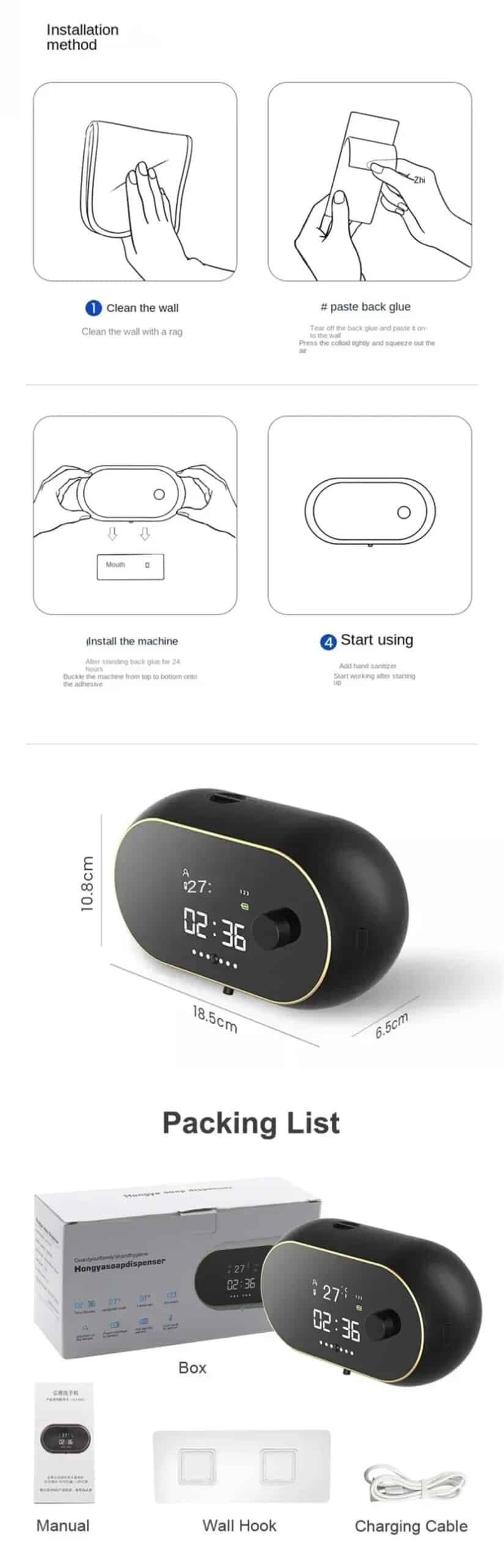 Automatic Induction Hand Washer Foam Soap Dispenser Time Temperature Display Human Body Induction Hand Wash Waterproof Automatic
