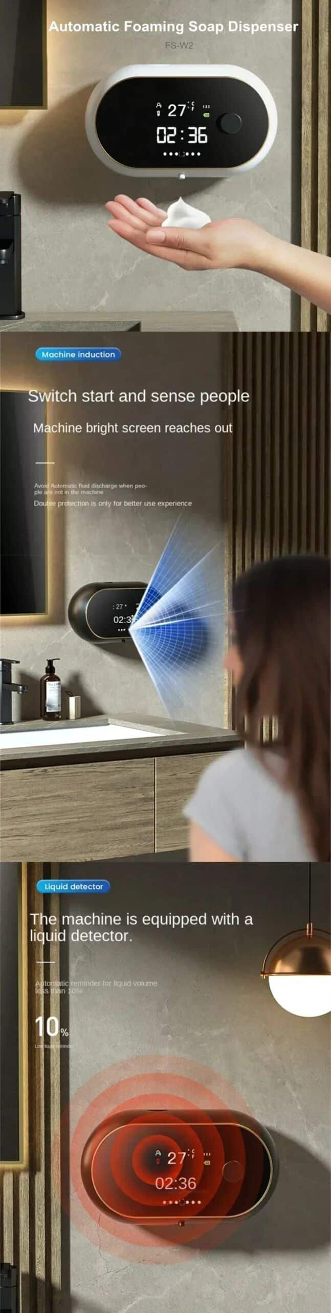 Automatic Induction Hand Washer Foam Soap Dispenser Time Temperature Display Human Body Induction Hand Wash Waterproof Automatic