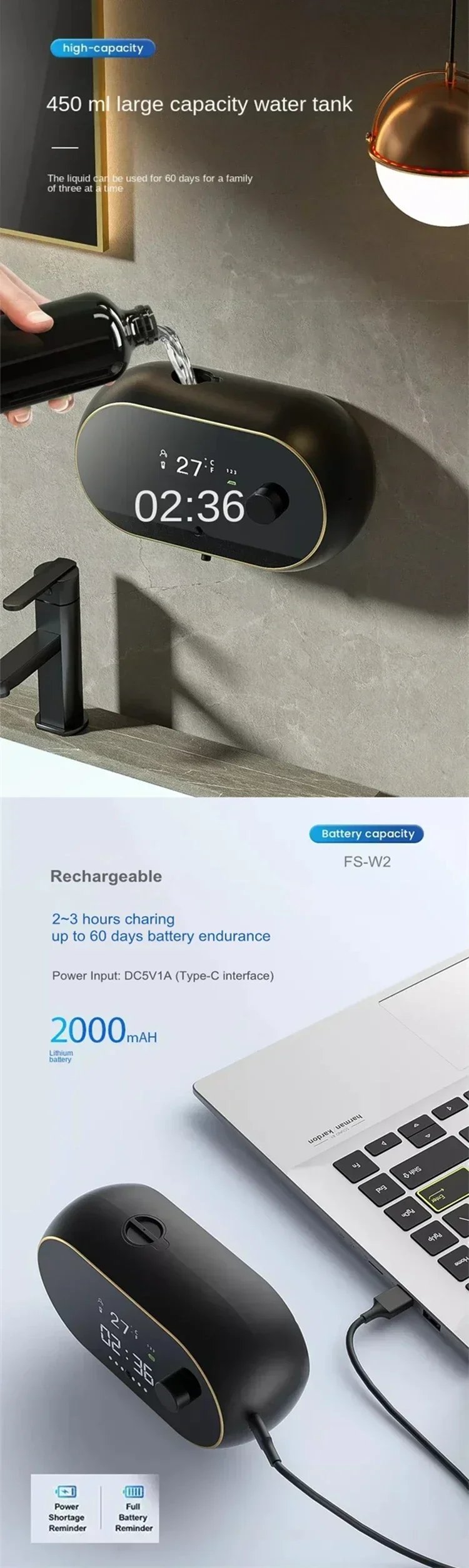 Automatic Induction Hand Washer Foam Soap Dispenser Time Temperature Display Human Body Induction Hand Wash Waterproof Automatic