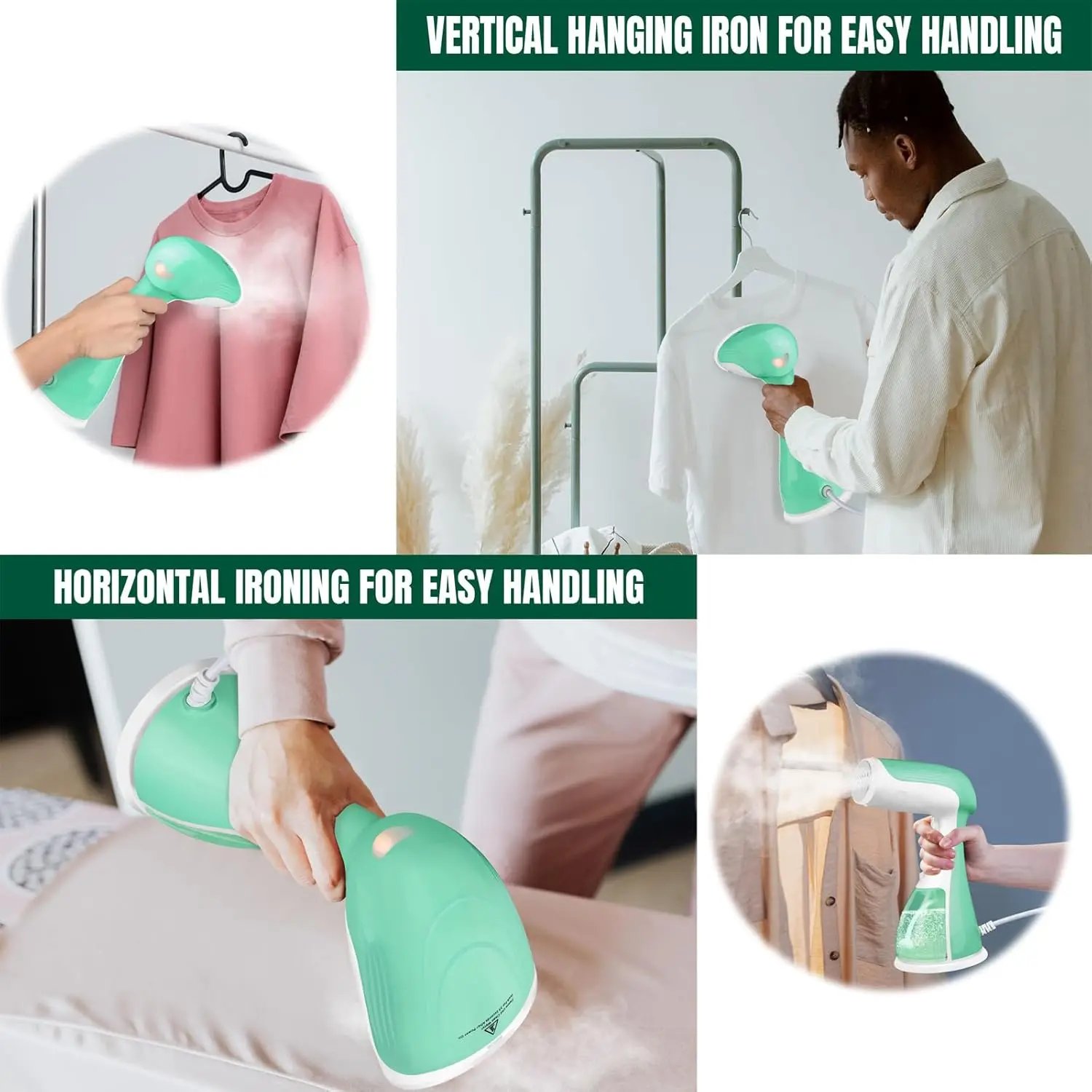 WEIRONG-1500W Clothes Steamer Handheld,Portable Garment Iron+ 300ml Tank,Vertical+Horizontal,Fast Heat-Up,Fast Wrinkle Removal