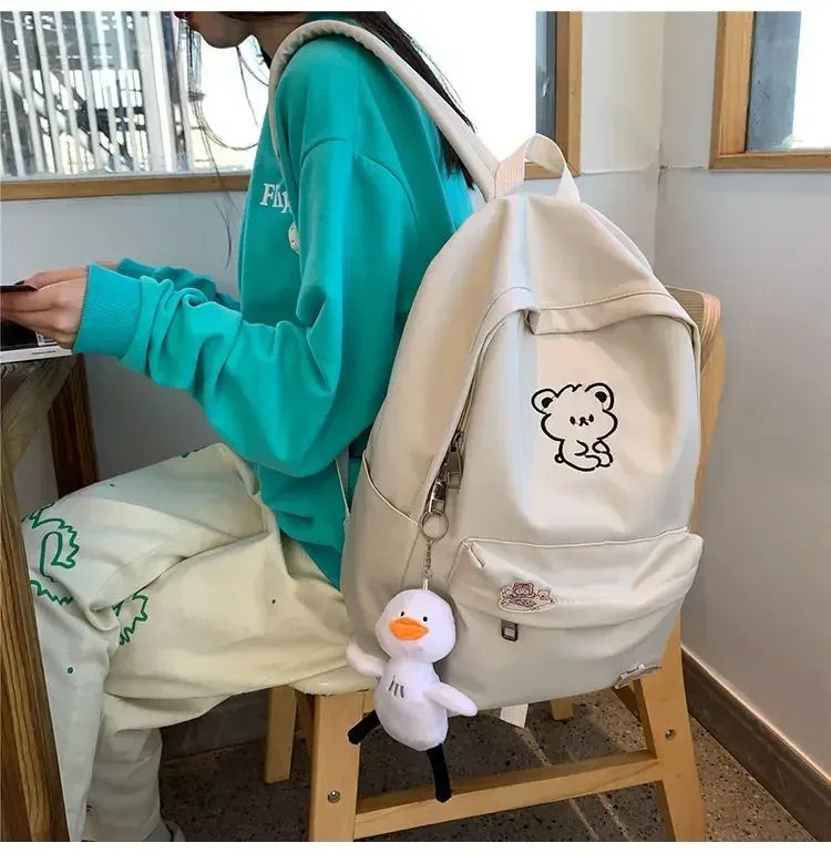 Girls School Bags for Teen Cute Cartoon White Nylon Middle Student Backpack Women