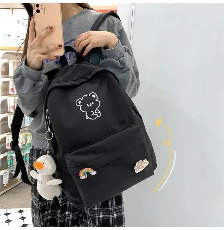 Girls School Bags for Teen Cute Cartoon White Nylon Middle Student Backpack Women