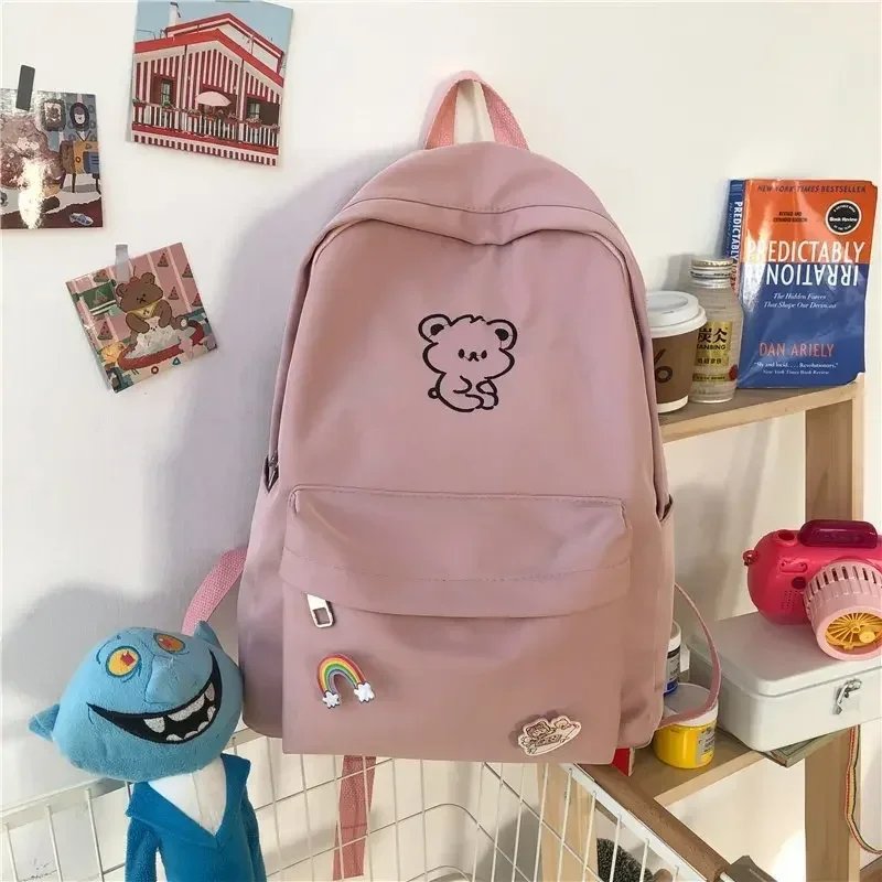 Girls School Bags for Teen Cute Cartoon White Nylon Middle Student Backpack Women