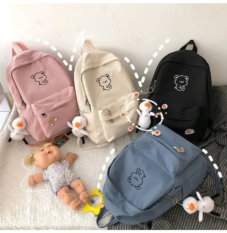 Girls School Bags for Teen Cute Cartoon White Nylon Middle Student Backpack Women