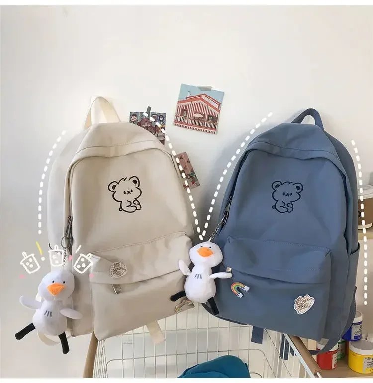Girls School Bags for Teen Cute Cartoon White Nylon Middle Student Backpack Women