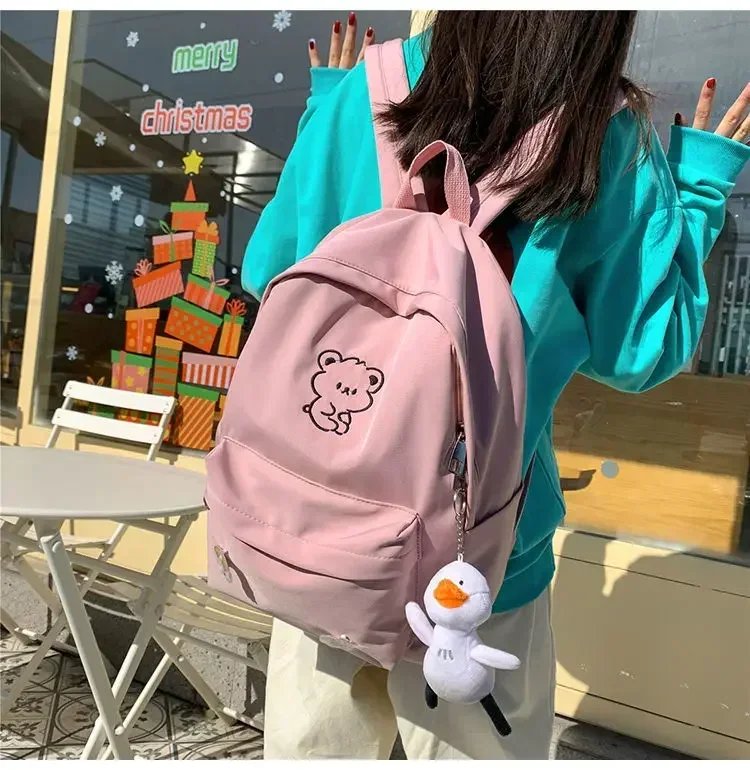 Girls School Bags for Teen Cute Cartoon White Nylon Middle Student Backpack Women