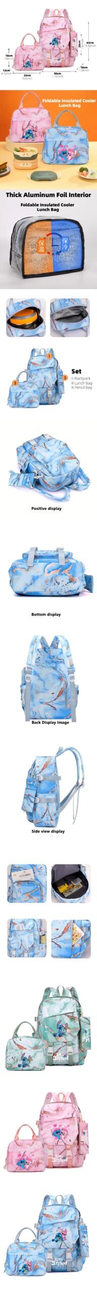 3pcs Stitch Backpack, Pencil Case, Foldable Insulated Cooler Lunch Bag, Large Capacity Schoolbag, Casual Daypack For Daily Use