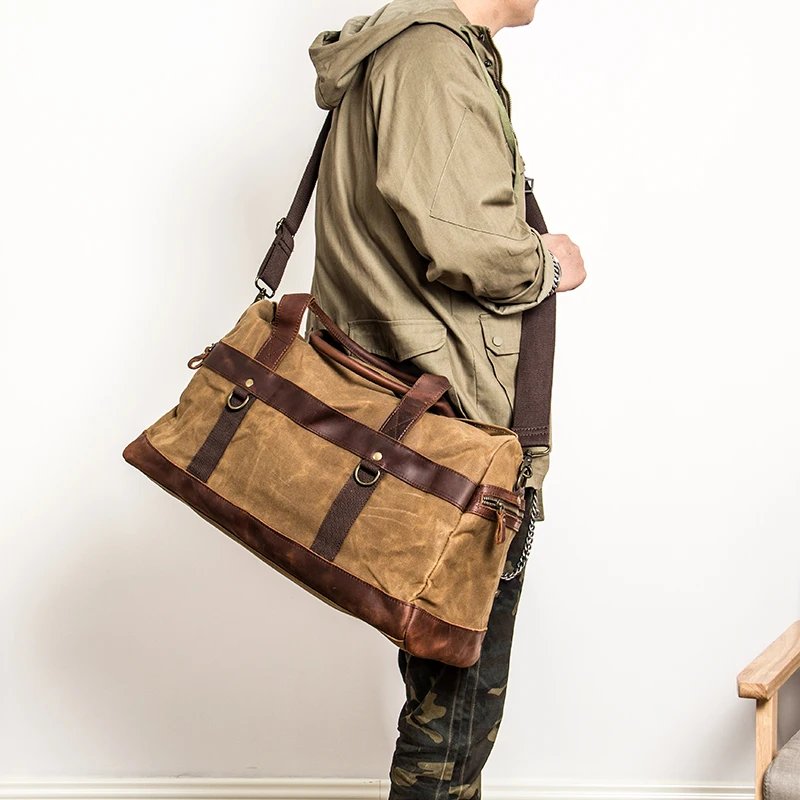 WaterProof Waxed Canvas Leather Men Travel Bag Hand Luggage Bag Carry On Large tote Vintage Men Duffle Weekend Bag big Overnight