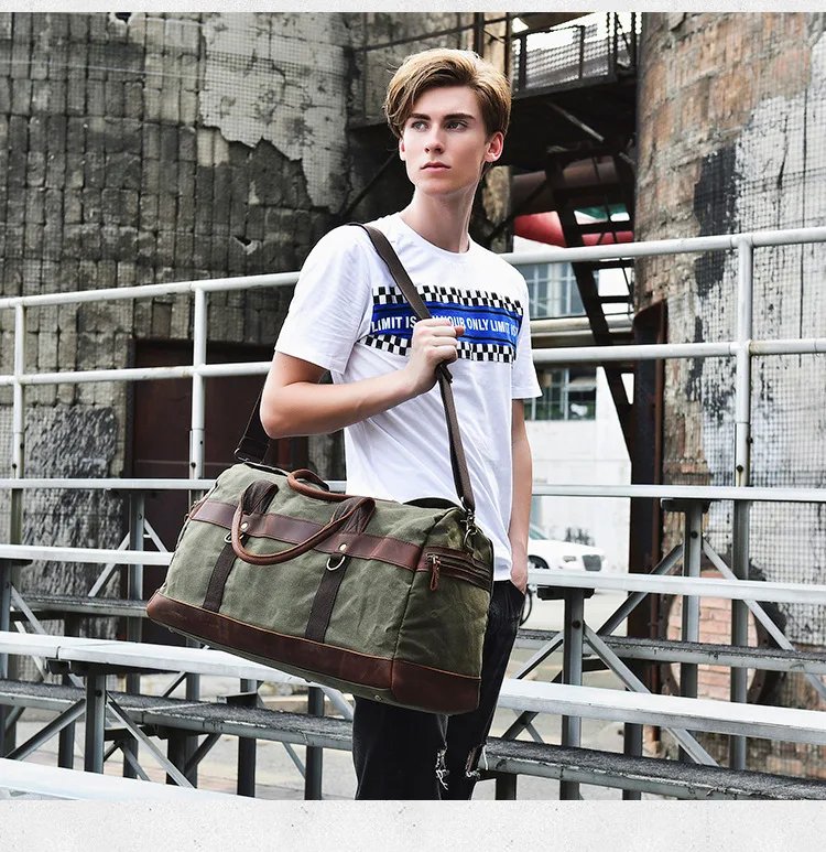 WaterProof Waxed Canvas Leather Men Travel Bag Hand Luggage Bag Carry On Large tote Vintage Men Duffle Weekend Bag big Overnight