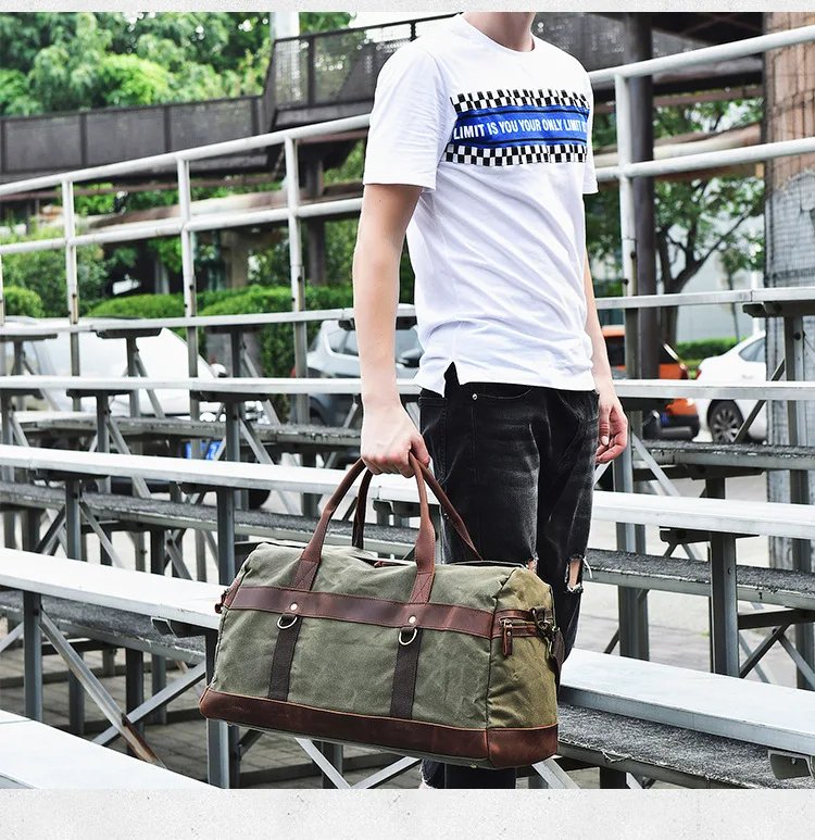 WaterProof Waxed Canvas Leather Men Travel Bag Hand Luggage Bag Carry On Large tote Vintage Men Duffle Weekend Bag big Overnight