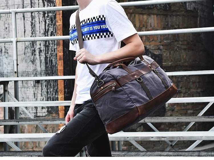 WaterProof Waxed Canvas Leather Men Travel Bag Hand Luggage Bag Carry On Large tote Vintage Men Duffle Weekend Bag big Overnight