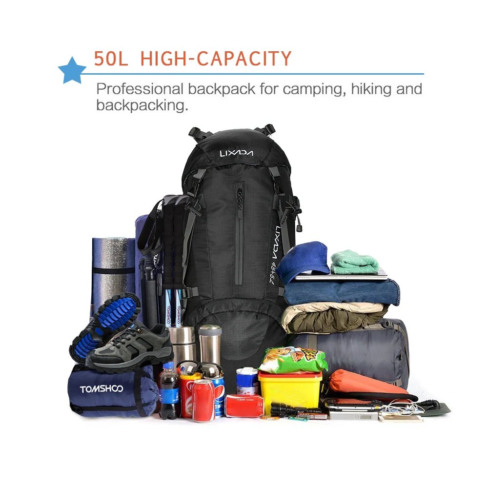 50L Waterproof Backpack Outdoor Sport Hiking Camping Traveling Pack Mountaineering Climbing Trekking Bag Knapsack w Rain Cover