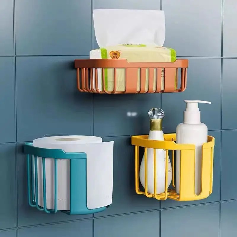 Bathroom Kitchen Tissue Box Punch-Free Toilet Paper Shelf Wall-Mounted Sticky Paper Storage Box Roll Paper Holder Toilet Storage