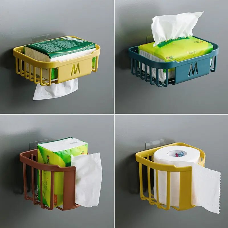 Bathroom Kitchen Tissue Box Punch-Free Toilet Paper Shelf Wall-Mounted Sticky Paper Storage Box Roll Paper Holder Toilet Storage