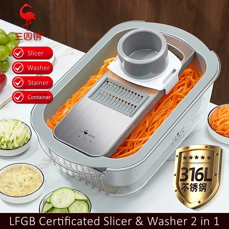 LFGB Certificated 316L Stainless Steel Slicer with Food Container 2 in 1 Vegetable Fruit Washer and Grater Kitchen Strainer