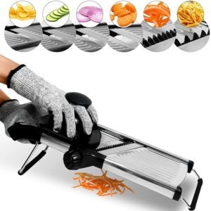 LMETJMA Einstellbarer Mandoline-Schneider Edelstahl-Gemüseschneider Chopper Cutter für Kartoffeln, Tomaten, Zwiebeln, Karotten JT213