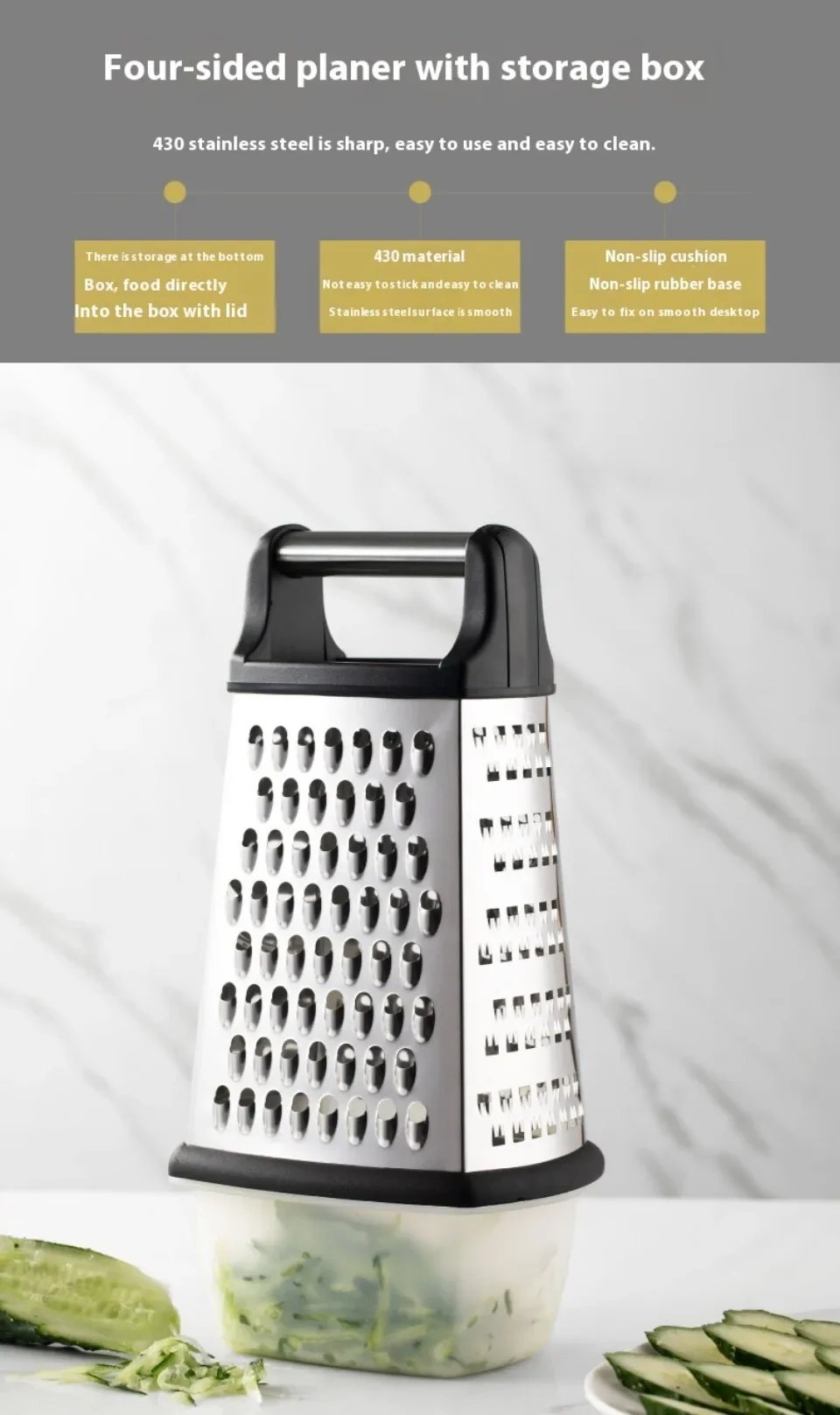 Four-Side Box Grater Cheese Grater with Container Stainless Steel Multipurpose Slicer for Vegetable Cutter Kitchen Accessorie
