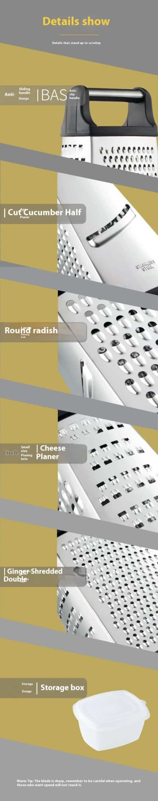 Four-Side Box Grater Cheese Grater with Container Stainless Steel Multipurpose Slicer for Vegetable Cutter Kitchen Accessorie