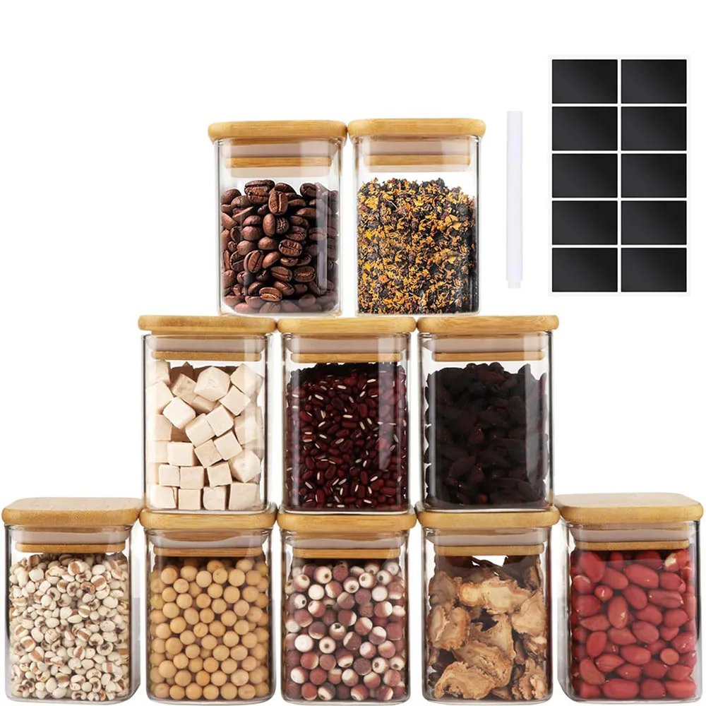 9Oz Glass Spice Jars with Bamboo Lids-Small Square Storage Jars Clear Pantry Glass Canister for Kitchen Coffee Sugar Flour