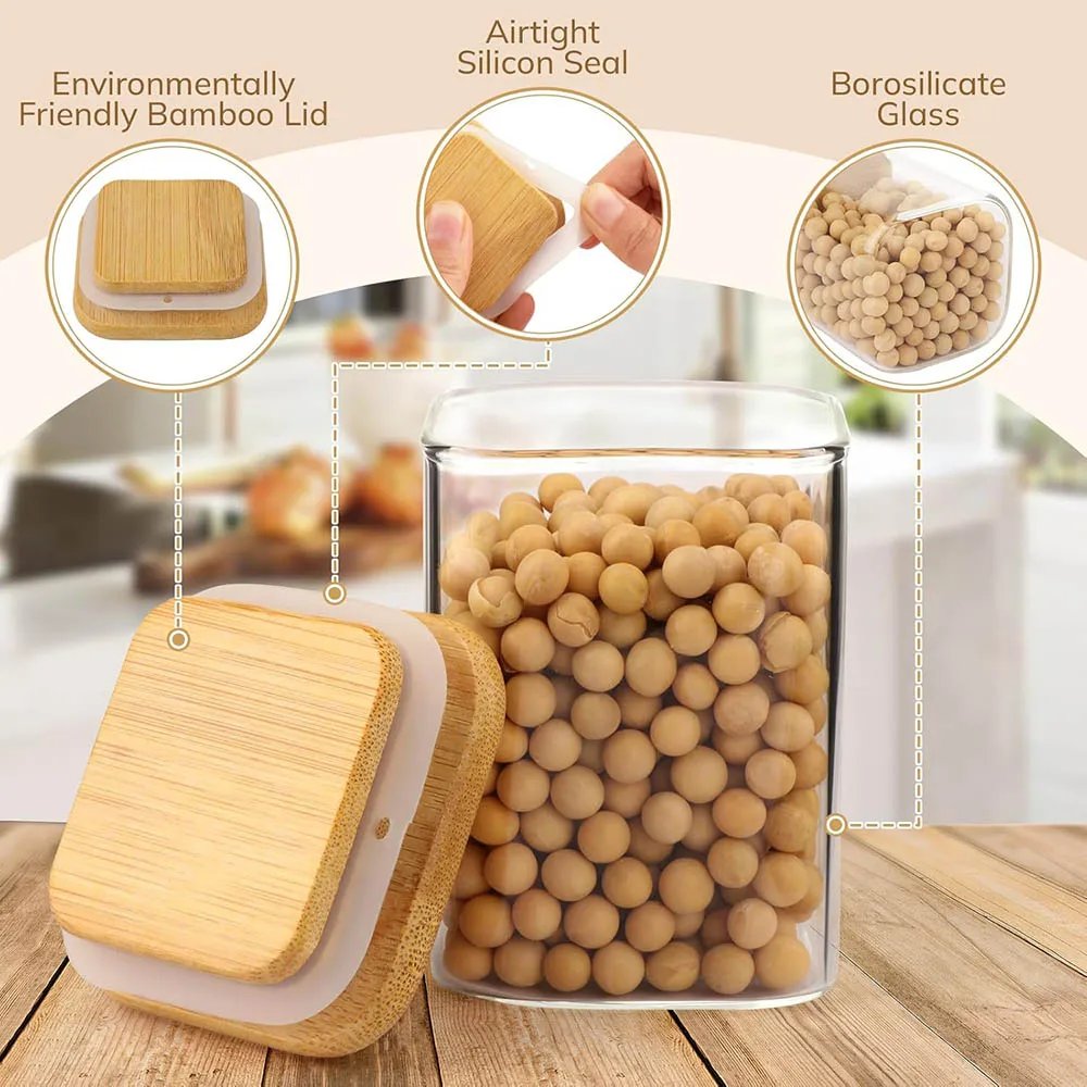 9Oz Glass Spice Jars with Bamboo Lids-Small Square Storage Jars Clear Pantry Glass Canister for Kitchen Coffee Sugar Flour