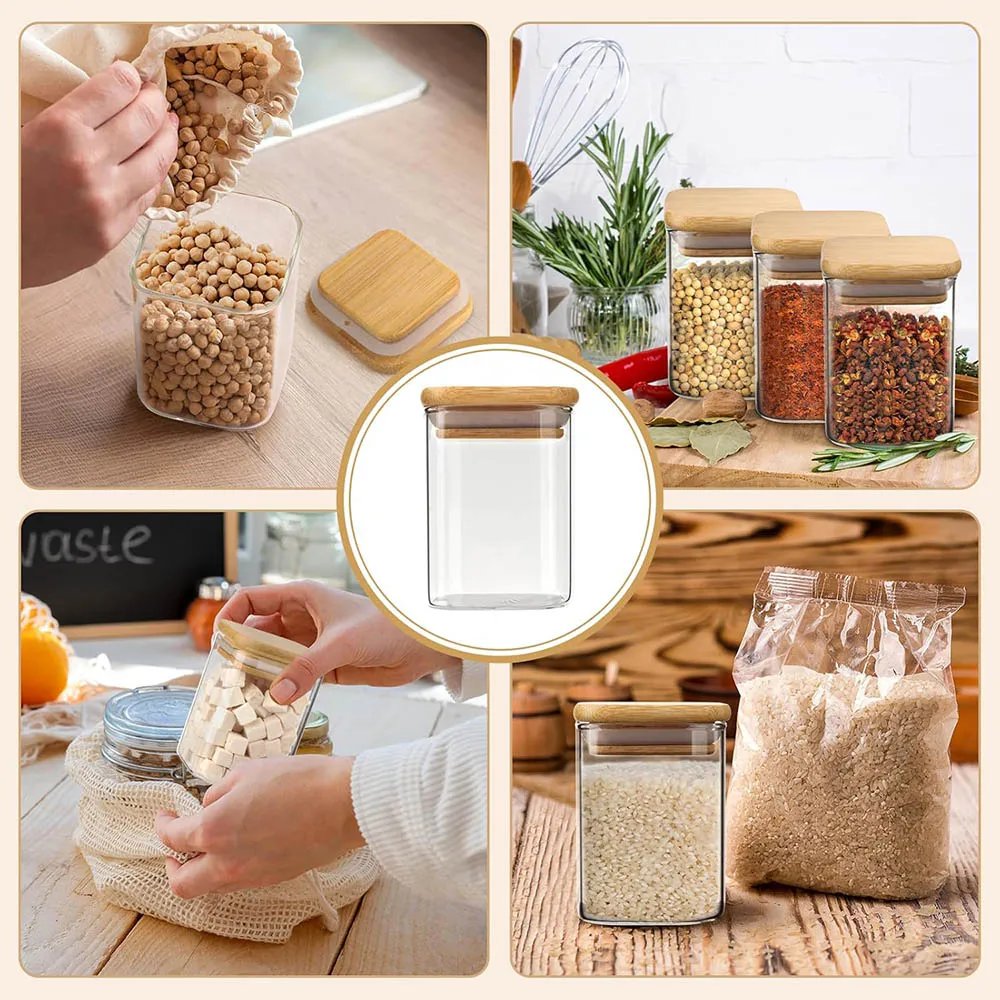 9Oz Glass Spice Jars with Bamboo Lids-Small Square Storage Jars Clear Pantry Glass Canister for Kitchen Coffee Sugar Flour