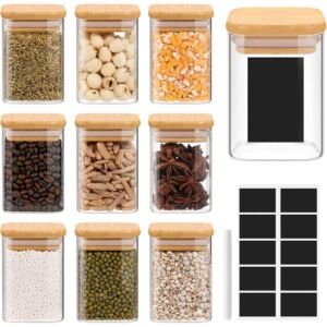 9 oz Glas-Gewürzgläser mit Bambusdeckeln – kleine quadratische Aufbewahrungsgläser, klare Vorratsgläser für die Küche, ideal für Kaffee, Zucker und Mehl.