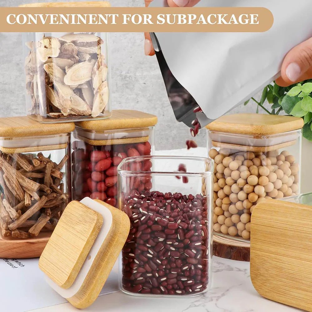 9Oz Glass Spice Jars with Bamboo Lids-Small Square Storage Jars Clear Pantry Glass Canister for Kitchen Coffee Sugar Flour