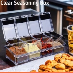 Küchen-Gewürzbox-Set – Durchsichtige Aufbewahrungsboxen, Gewürzbehälter, Zucker- und Salzflasche mit Löffel, Küchenaccessoires.