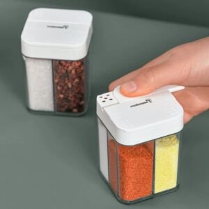 Gewürzbox mit vier Fächern – Transparente Kunststoff-Aufbewahrungsbox, Gewürzstreuer, Kochflasche, Handpress-Gewürzbehälter für den Haushalt und die Küche.