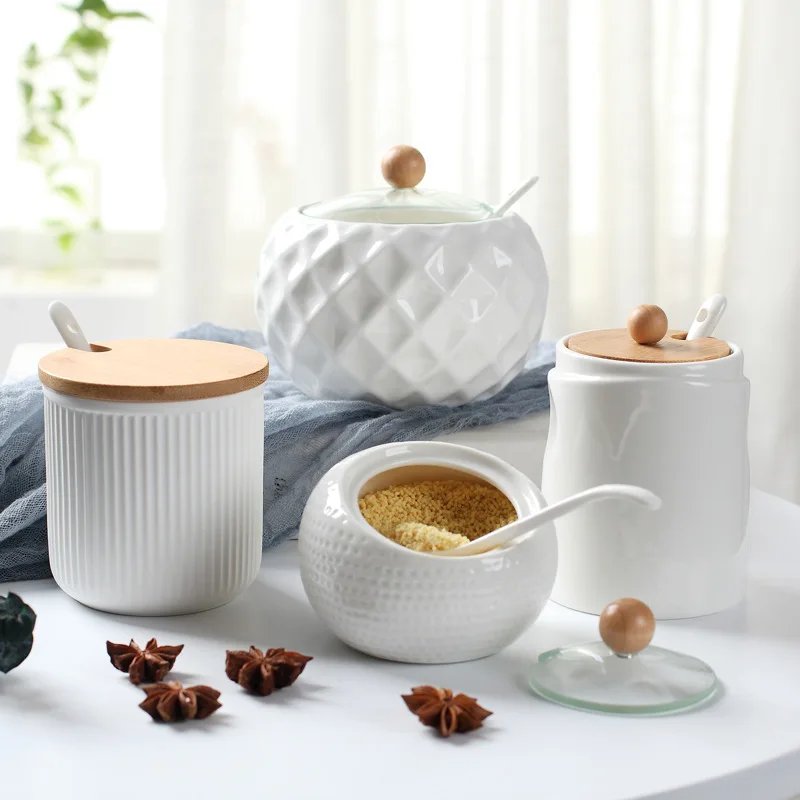 Ceramic Seasoning Jars with Wooden Lid Salt Shakers Kitchen Supplies White Spice Organizer Canister Spoon Set White Sugar Box Ceramic Seasoning Jars with Wooden Lid Salt Shakers Kitchen Supplies White Spice Organizer Canister Spoon Set White Sugar Box