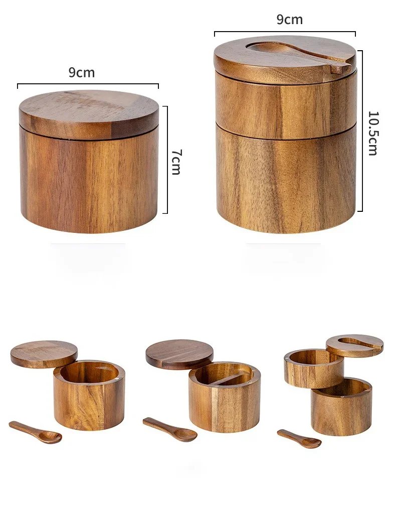 Wooden Seasoning Jar Pepper Salt Shaker Seasoning Box Large Capacity Pepper Box with Spoon Magnetic Rotating Lid Kitchen Storage