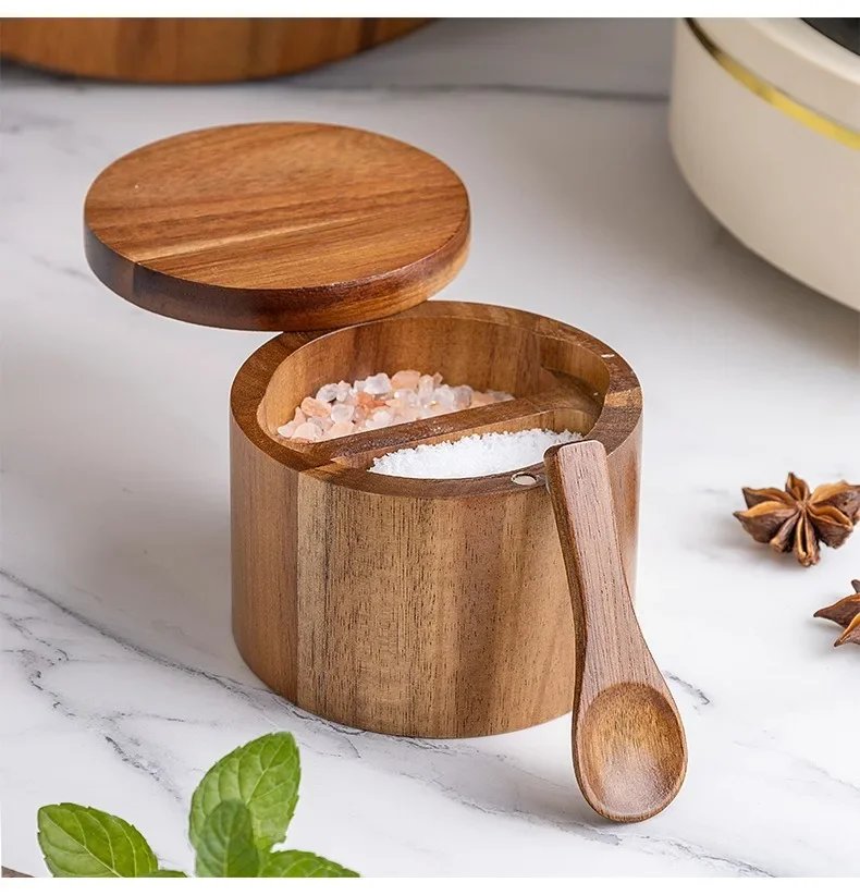 Wooden Seasoning Jar Pepper Salt Shaker Seasoning Box Large Capacity Pepper Box with Spoon Magnetic Rotating Lid Kitchen Storage