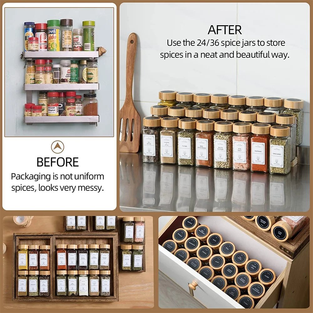 Glass Spice Jars with Bamboo Lid Spice Seasoning Containers Spice Pot Salt Pepper Shakers Spice Organizer Kitchen Spice Jar Set