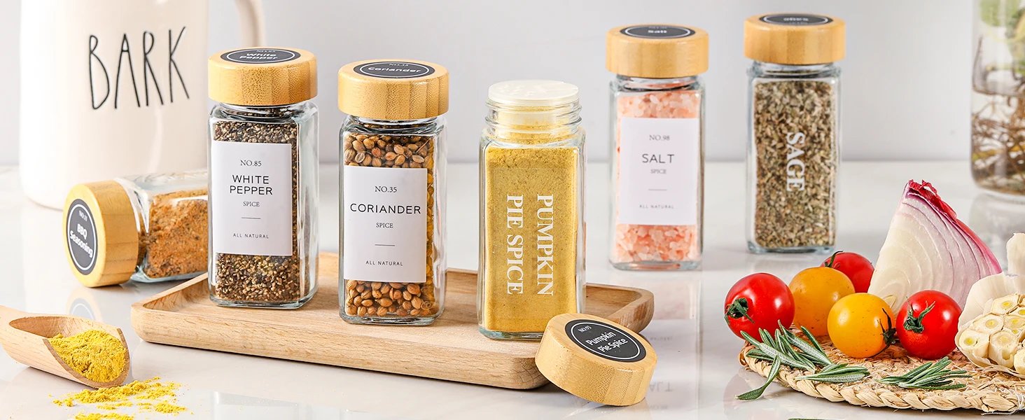 12 Pcs Glass Spice Jars with Bamboo Lids 4 oz Glass Jars with Minimalist Farmhouse Spice Labels Stickers Collapsible Funnel