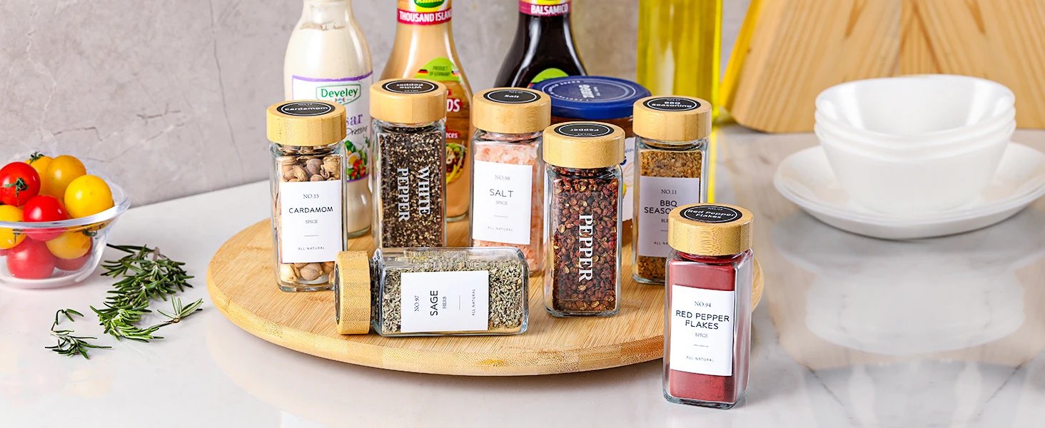 12 Pcs Glass Spice Jars with Bamboo Lids 4 oz Glass Jars with Minimalist Farmhouse Spice Labels Stickers Collapsible Funnel