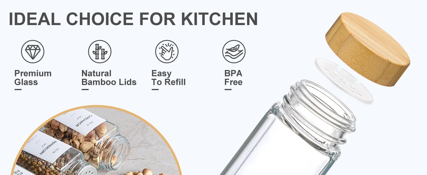 12 Pcs Glass Spice Jars with Bamboo Lids 4 oz Glass Jars with Minimalist Farmhouse Spice Labels Stickers Collapsible Funnel