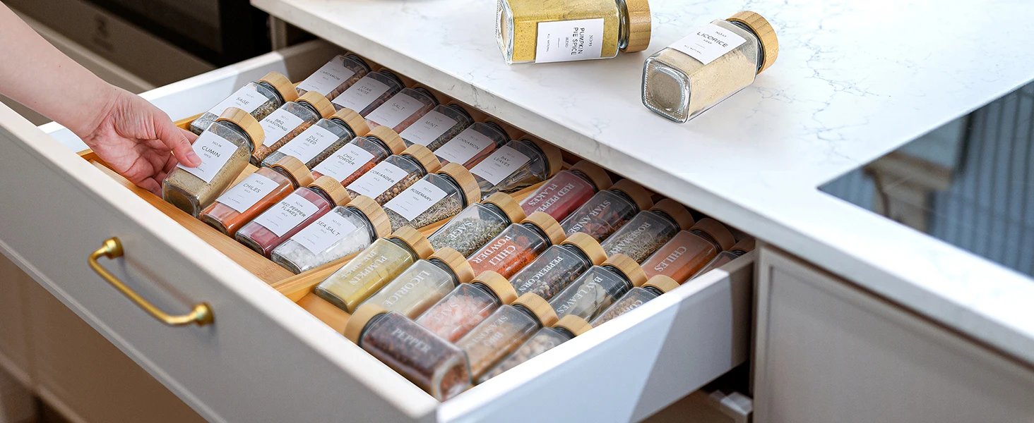 12 Pcs Glass Spice Jars with Bamboo Lids 4 oz Glass Jars with Minimalist Farmhouse Spice Labels Stickers Collapsible Funnel