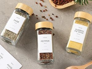 12 Pcs Glass Spice Jars with Bamboo Lids 4 oz Glass Jars with Minimalist Farmhouse Spice Labels Stickers Collapsible Funnel