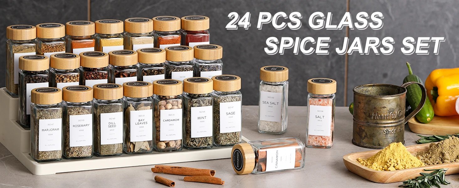 12 Pcs Glass Spice Jars with Bamboo Lids 4 oz Glass Jars with Minimalist Farmhouse Spice Labels Stickers Collapsible Funnel