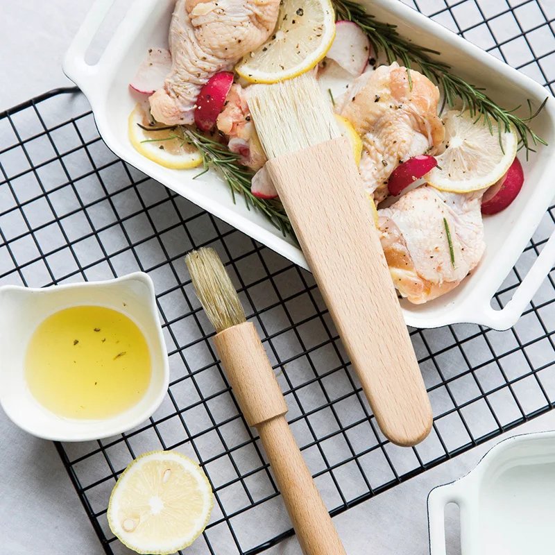 2Pcs Kitchen Oil Brushes Basting Brush Wood Handle BBQ Grill Pastry Brush Baking Cooking Tools Butter Honey Sauce Brush Bakeware
