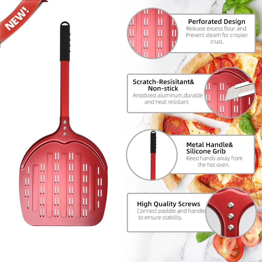 12 13 14 &7 Inch Pizza Peel Long Handle Turning Paddle Aluminum Pizza Turner Baking Tool Perforated Kitchen Accessories