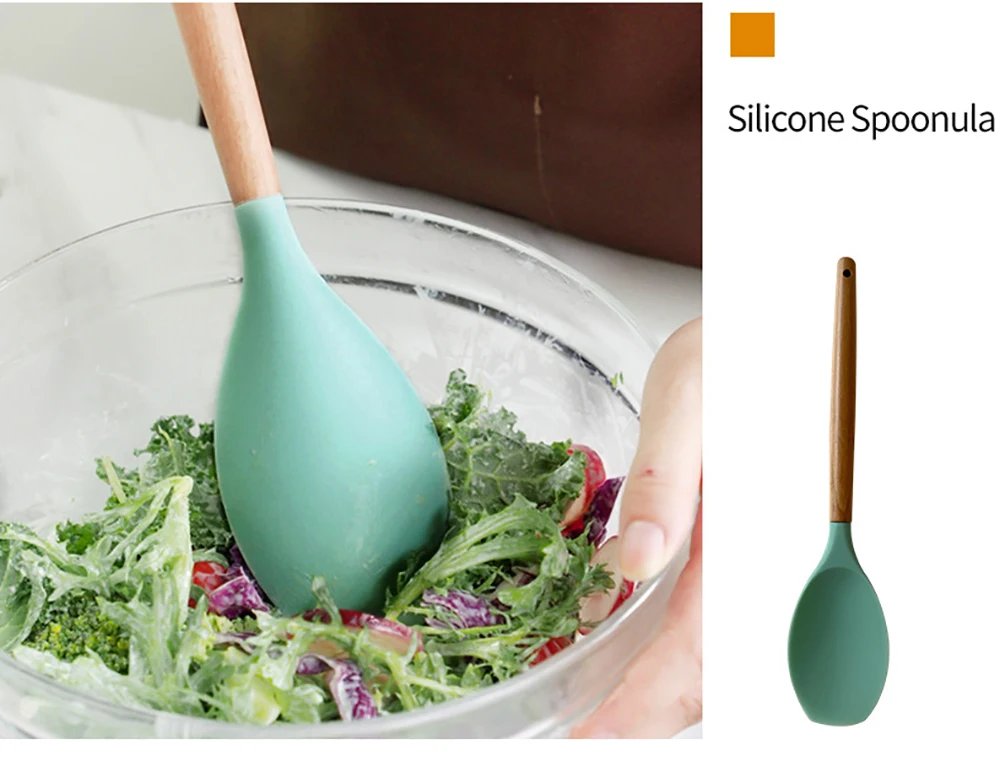 Silicone Kitchenware Cooking Utensils Set Non-stick Cookware Spatula Shovel Egg Beaters Wooden Handle Kitchen Cooking Tool Set