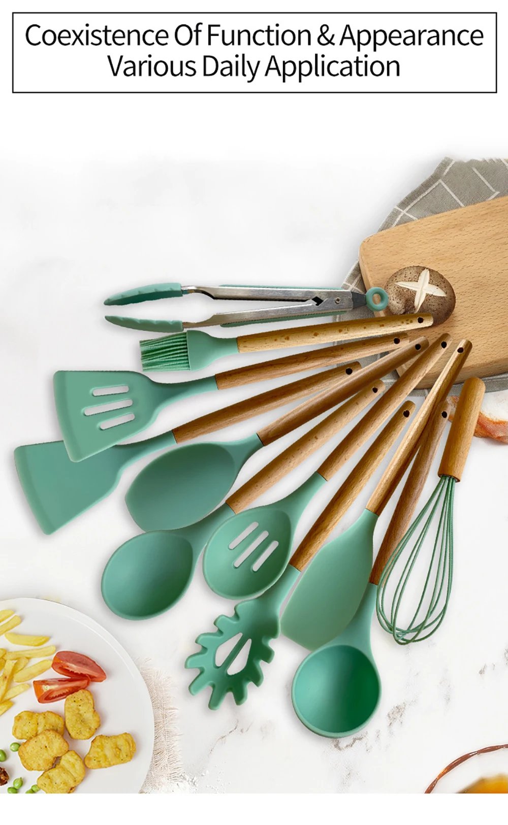 Silicone Kitchenware Cooking Utensils Set Non-stick Cookware Spatula Shovel Egg Beaters Wooden Handle Kitchen Cooking Tool Set